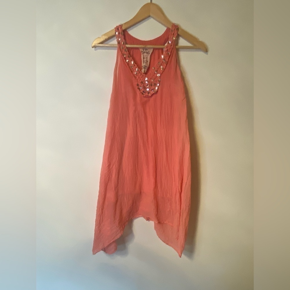 Anthropologie FP One Pink Layered Tunic Sequin Crochet Longline